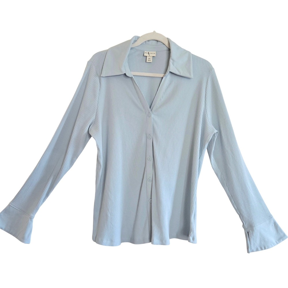 Ava & Viv, Women's, Light Blue Ribbed Knit, Satin Collar Long Sleeve Top, Sz XXL